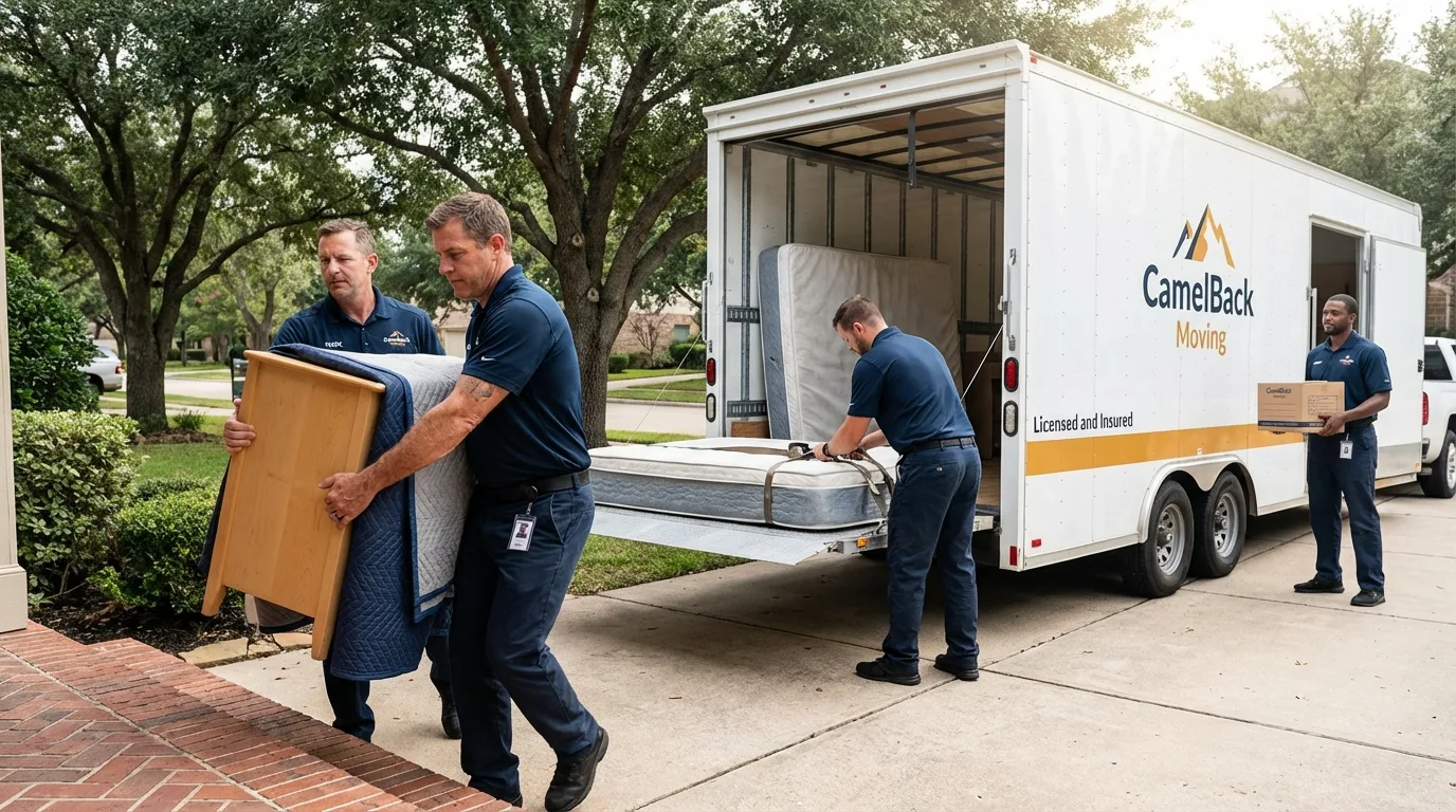 Crew loading residential truck for cross-state move from Cypress, TX
