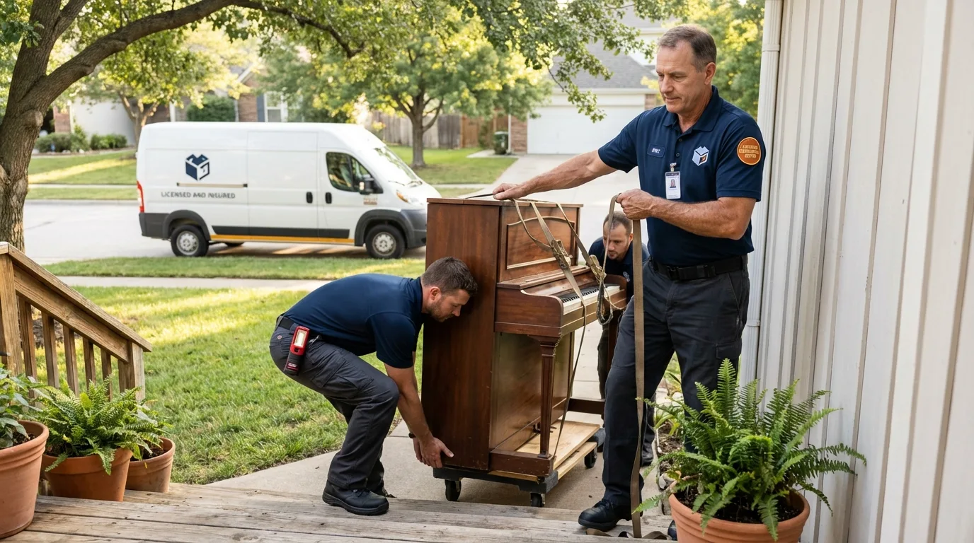 Licensed piano movers securing grand piano in Cypress, TX