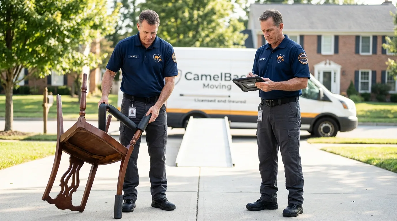 Movers inspecting furniture for damage prevention before loading in Cypress, TX
